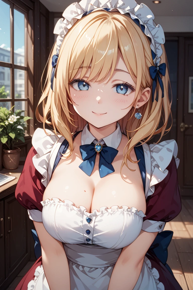 ((highest quality、High resolution、8K、masterpiece:1.3))、dynamic angle、I can see the whole body、wallpaper、1 girl、unparalleled beauty、ultimate beauty、super detailed face、delicate eyes、smile shyly、sexy look、(I'm tempting)、looking at the camera、Depth of bounds written、light particles、side light、long hair、blonde、maid、宝石で装飾されたmaid服、(Holding down the skirt with both hands)、(The wind flipped my skirt and exposed my pussy.、Showing her pussy shyly、love juice)、Open chest、big breasts、cleavage、Thighhighs、thighs、slim、slender、Old castle at night