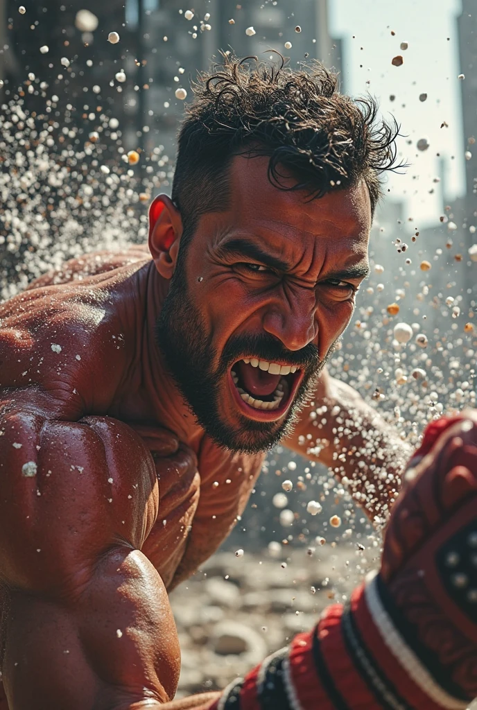 Create a realistic image where  "An athlete(man) in mid-action on a sports field, with sweat flying off their face, muscles taut, and a focused, intense expression. The background shows a blurred view of the audience cheering, indicating a high-stakes moment. The image captures the peak of action, symbolizing strength and dedication to being the best."
