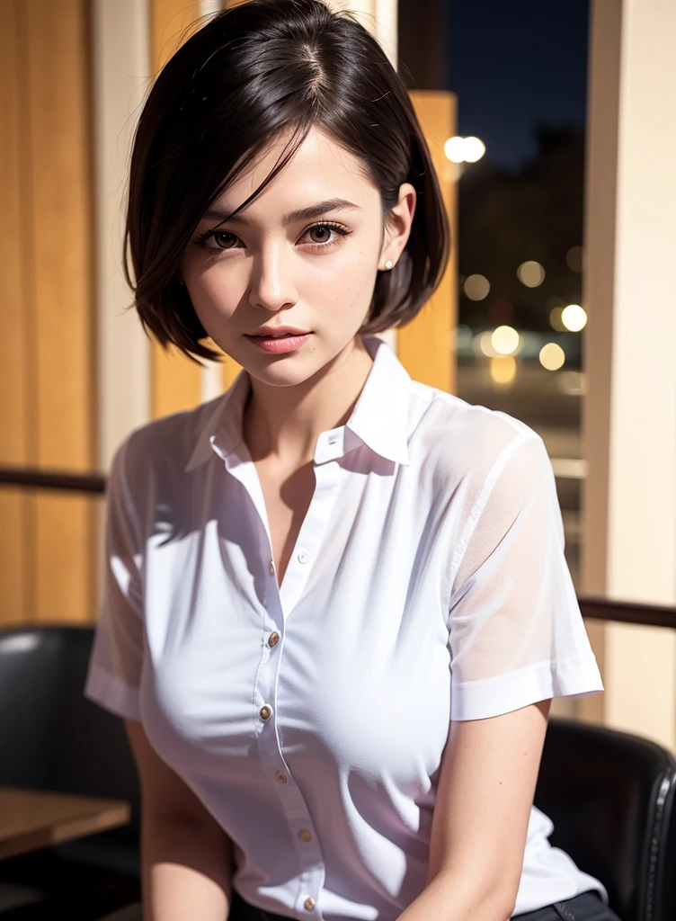 (8K, Best Quality, Masterpiece: 1.2), (Realistic, Realistic:1.37), Ultra Detailed, 2 Girls, Cute, Solo, Beautiful Detailed Sky, Detailed Cafe, Evening, Seated, Dating, (Nose Red), (Smile: 1.15), (Shut Up) Small Breasts, Beautiful and Delicate Eyes, (Collared Shirt: 1.1), Night, Wet, Professionalwear, Rain, White Lace, (Short Hair: 1.2), Flowing Hair NovaFrogStyle,