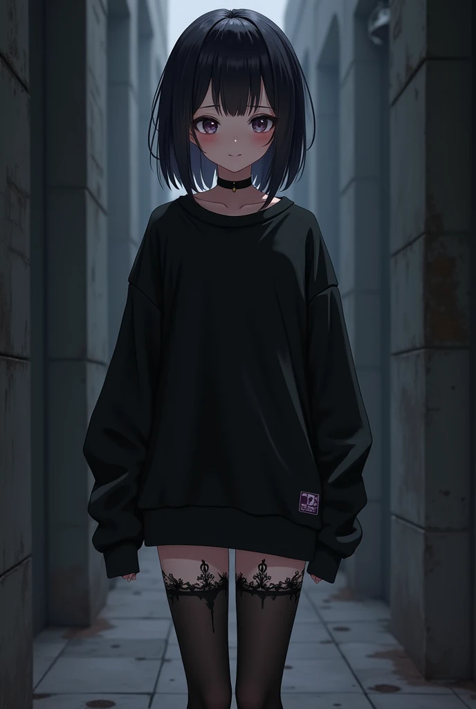 best quality, super fine, detailed eyes, 16k, incredibly absurdres, extremely detailed, emo highschool girl opening the door of her private room for you, looking at camera, emotionless expression, punk fashion, long black hair, gray deep eyes, black collar, black long-sleeves hoodie, full body, dim lights, (magnificent view:1.1) 