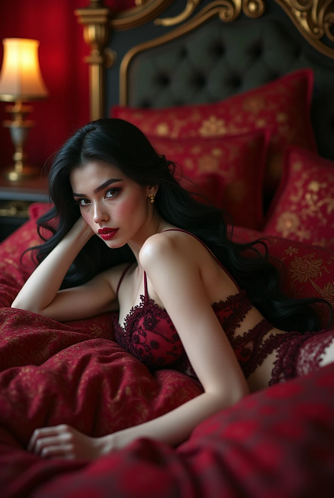 wolf cut long hairstyle erotic hindu wife, lying on bed, full body,  front facing to camera, 8K, super realistic, huge big breast, super big fake lips red lipstick super delicious body saree bra sexy body 