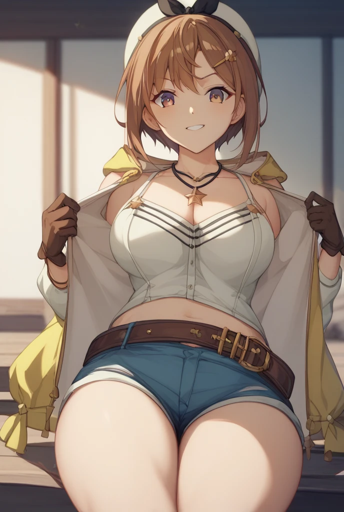 ((anime:)),,((best quality)), ((highly detailed)),(((sketch:))) extremely detailed face, beautiful face,((1girl:1.5)),((solo:1.5)),(shiny skin),((cowboy shot:)),(looking at viewer), riza, brown hair, single glove, ((thighhighs,white thighhighs:1.15))  red shorts, jewelry, belt, hat, white headwear, necklace, yellow jacket, hair ornament, short hair, brown glove, shirt((huge breasts:1.12)),,((hanging breasts:1.25)),nsfw, (((bottomless:1.45))),((cleavage:1.15)),(curvy:1.05),(wide hip:1.05),((thick thighs:1.21)),((pussy:1.35)),((outdoors:1.25)),,,((park,bench:1.5)),((sitting:)),((sit on bench:1.35)),((nose blush:1.45)),(happy:1.15)bad mood,(closed mouth),half closed eyes,BREAK ((brown boots)),((thigh boots:1.35)),(arm behind back),((spread legs:))