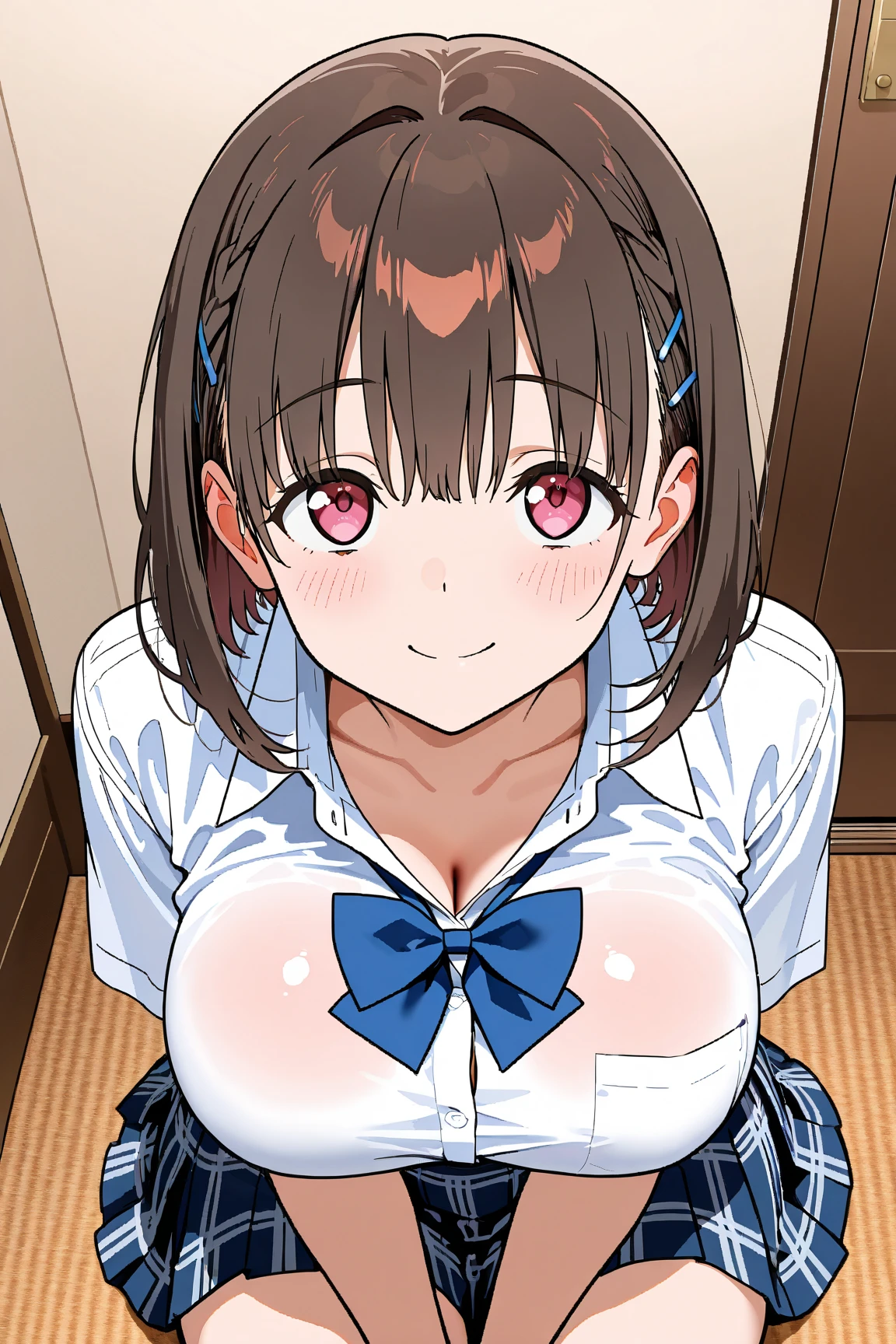 (((pixel perfect, detail perfect))), alone, 1 girl, Misaka Mikoto, tokiwadai , bow, looking at the viewer,, whole body、(Breast Exposure、Nipple exposure、medium breasts))、smile、Tokiwadai Junior High School Uniforms、白いパンティー,lie down on the bed