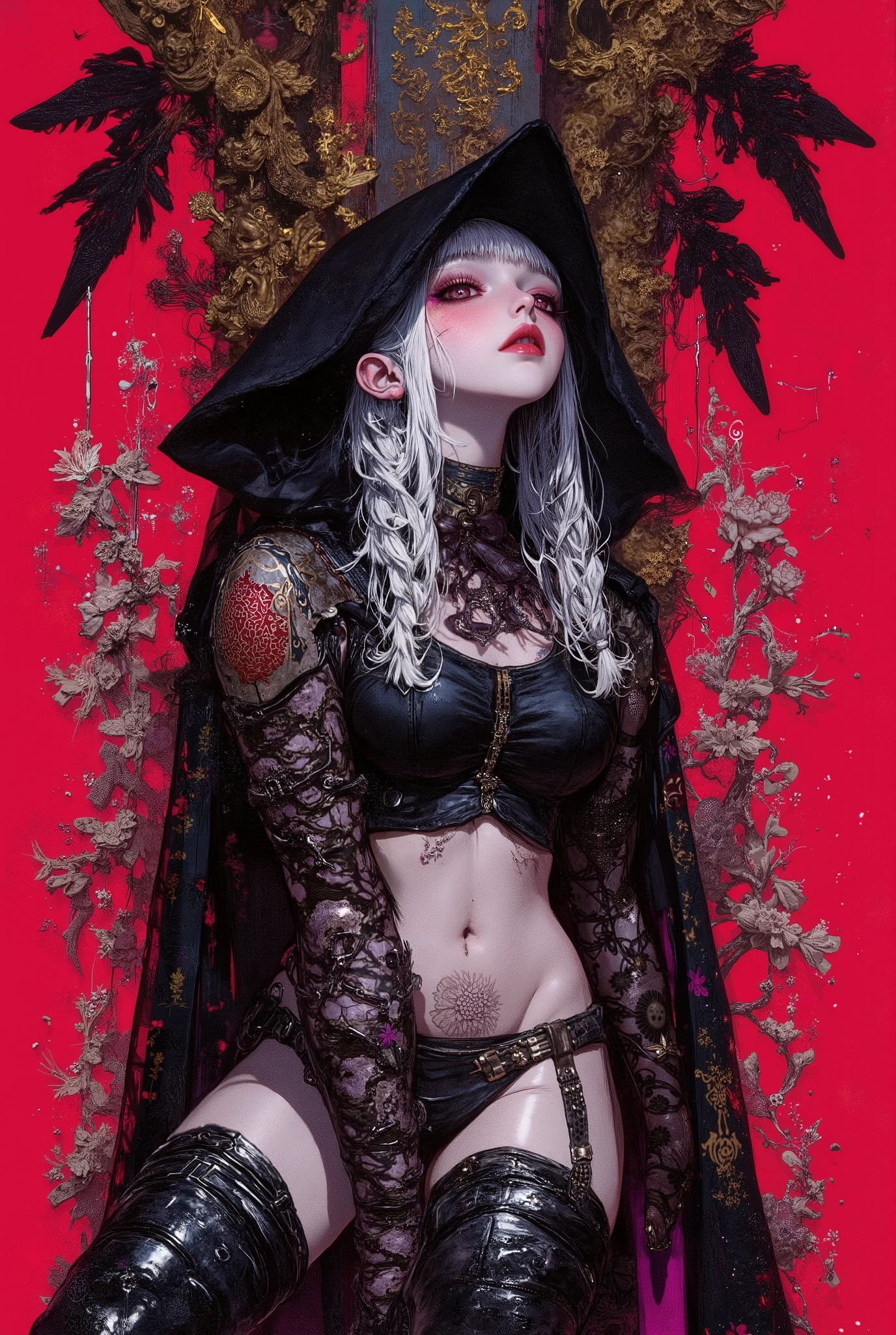 Gothic_girl, ((top quality)), (super high resolution), (super detailed), Chris Bachalo inspired, exquisite digital illustration, womanhood, Studio Ghibli Dark Fantasy, a tall skinny female high fashion model goddess, heavy eye makeup, hauntingly beautiful, highly dynamic random model action pose, strikingly stylized uncomfortable figure composition, leather choker, metal armor, leather thigh boots, red leather waist belt, split miniskirt, thigh gap, perfect face, perfect female anatomy, perfect hands, innovative simple graphic design, high quality fashion magazine cover, intricate lace, hood and cloak, Popovy Sisters,