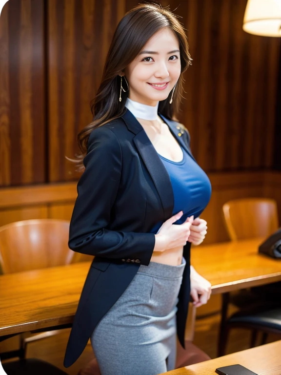 Delicate, Masterpiece, Beautiful Detail, Colorful, Fine Detail, Detail, Detail, Big Breasts, 1 Woman, (20 Year Old Beautiful Korean Woman: 1.1), (KPOP Idol, Korean Mix), (50mm Sigma f/1.4 ZEISS Lens, F1.4, 1/800s, ISO 100, Photo: 1.1), (Ponytail + Blonde: 1.2), Realistic: 1.4), (Spy: 1.2), (dark blue open jacket, shirt, skirt, tie, black pantyhose, Christian Louboutin \ (brand\): 1.3), earrings, necklace, armlets, (tavern: 1.2), (beautiful legs, tall woman, skinny, slim legs, thigh gap, model: 1.2), lens flare, happy smile from the front: 1.1), Dynamic pose, (make: 1.2), sitting on bar stools, Nogizaka idol, Korean idol, actress, gravure idol, armpit, arms crossed, android