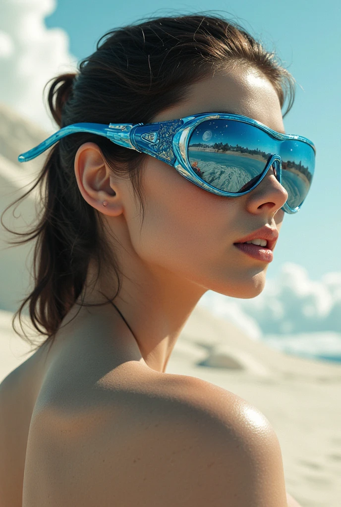A gorgeous lady with big shapes in a swim bikini on beach with goggles on eyes and open hair.