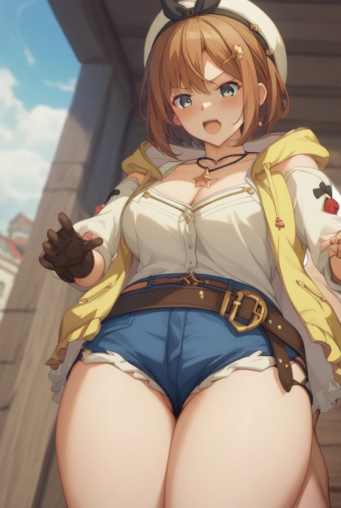 (Squat down and spread your legs:1.3), ((blush:1.2)), 1 girl, riser, atelier, Alchemist, beret, short hair, (((white shirt))), (very short shorts:1.2), extra long over knee boots, looking at the viewer, big breasts, thick thighs, put your hands behind your head, embarrassing, outdoor, written boundary depth, Curvaceous, adult women, 