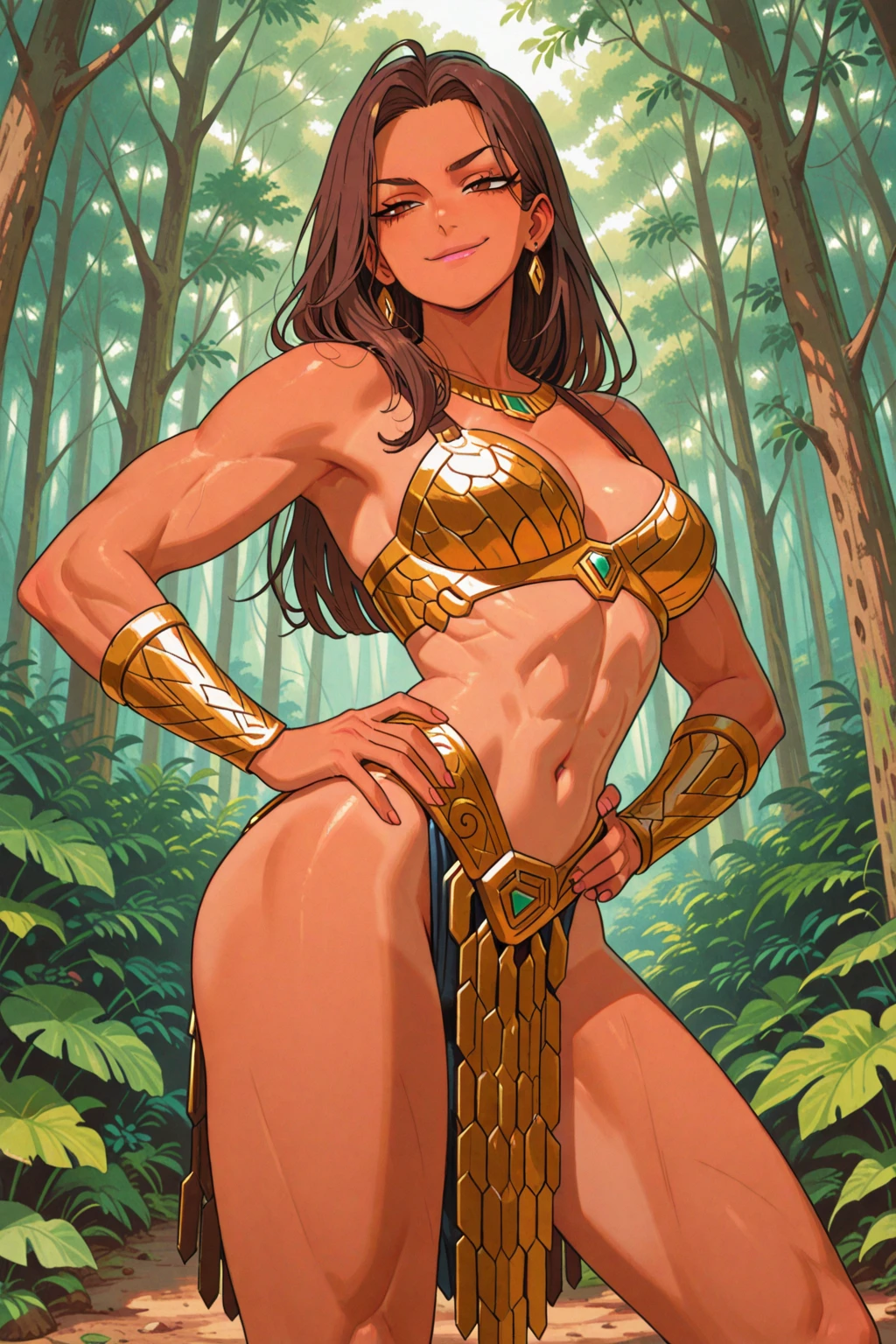 bellydancer, 1 girl, solo, short hair, medium breast, dancing, sexy, look at viewer, seductive, outside, nature, blush, loin cloth, under boob, diana, brown hair, black skin, dark skin, brown eyes, submissive