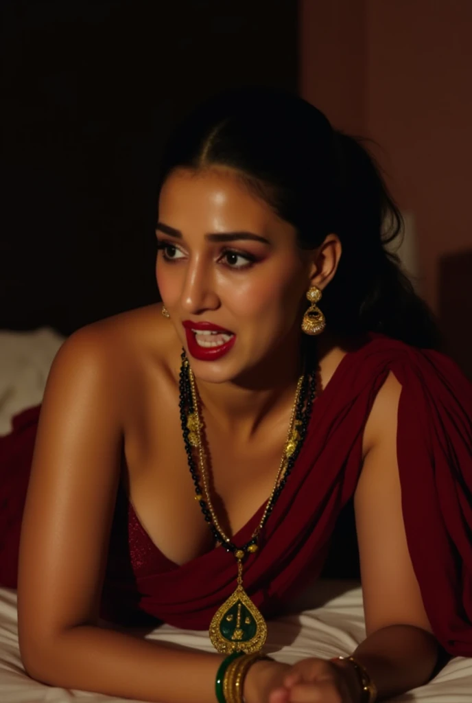 A very close picture of Indian, winding, hourglass figure, massive Breasts swoop, no bra, visible nipples, bend down and hanging breasts, Shows deep cleavage, Kneeling in ceremonies, French braid hair, necklace, Sexy maroon saree and bra, Sultry, Alluring eyes, Look at the viewer and smile, (Cinematic:1.3), Complex details, (ArtStation:1.2