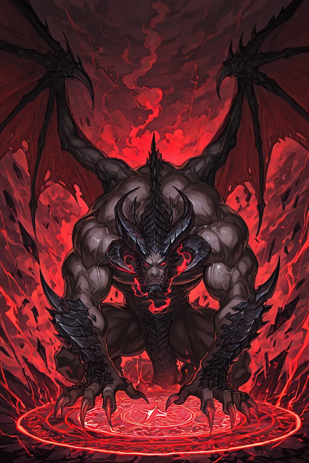 dynamic low angle, a muscular demon emerging on center of a glowing magic circle, leaning forward, sharp claws reaching toward the viewer, curved black horns, glowing red eyes, obsidian scales, large bat wings, energy shards and glowing particles flying, ominous smoke, red lightning, crackling energy lines from magic circle, dramatic cinematic lighting, high contrast, extremely detailed, dark fantasy atmosphere, small human summoner in the foreground:1.3