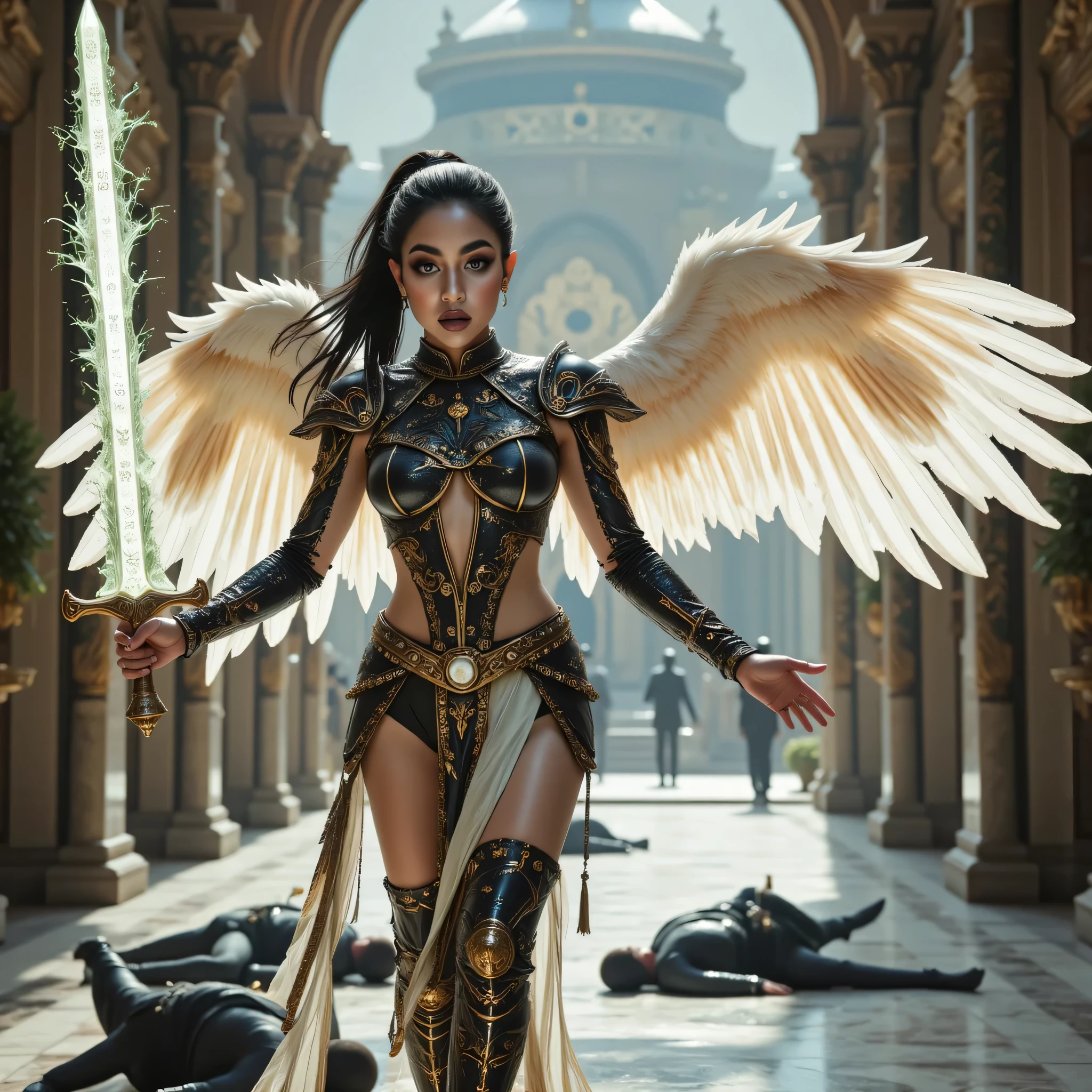 ((best quality, masterpiece, realistic photograph, life-like realism)), (((((white angel wings with feathers replaced by burned and torn quills, missing feathers, torn bloody wings))))), (((photo of an ancient powerful sword with a blue chrome blade, the sword has magical white runes pulse with a powerful glowing white aura))), wielded by 18year fantasy Asian ANGEL female tall thin slim skinny muscular supermodel, glossblack hair, top ponytail, wind, windy, regal elegant reflective chrome steel battle tiara, pale albino skin, Medieval chrome steel heavy plate armor of the guardian, worn battle-stained armor, black rivets, gold etching, heavy makeup, goth, gothic, blackout eyeshadow, vivid bright red lips, large wide brown eyes, head tilted upward, her armor has keyhole cutouts underboob, dynamic warrior combat pose, lunging, serious, background bokeh white marble mystical heavenly castle courtyard, faraway castle tower spires, faraway black shadow knights lie dead and defeated, wisps of black smoke rising from their armored shadow forms