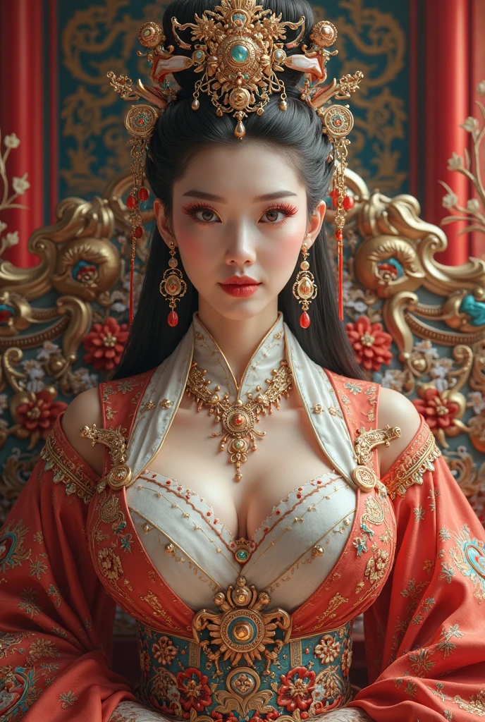 A traditional Chinese courtesan from ancient times. She's beautifully dressed in an exquisite hanfu, with numerous intricate hair ornaments adorning her elaborately styled dark hair. Her face is perfectly round, with delicate features and heavy makeup highlighting her eyes and lips. standing gracefully in a room adorned with classical Chinese art and furniture. (underboob cutout:1.5,partially_undressed:1.5)
