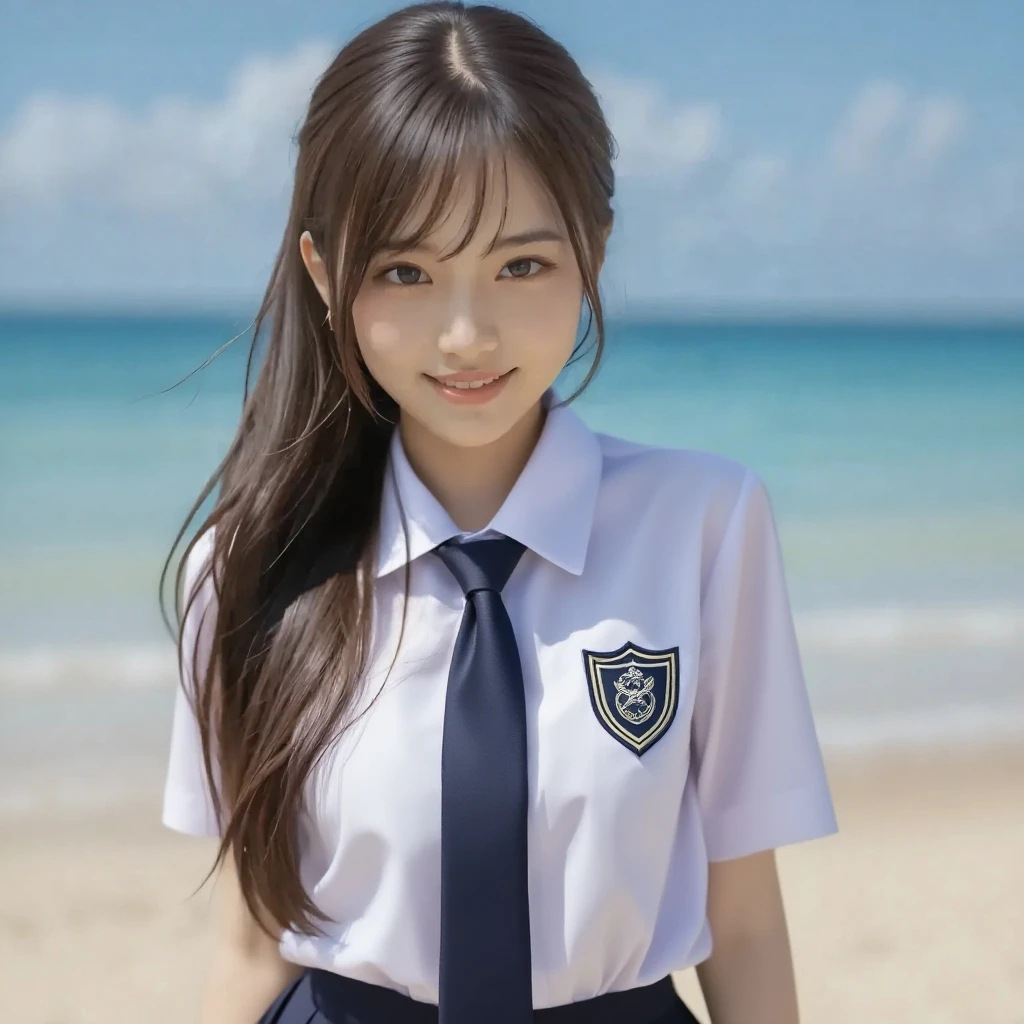 (1girl), kawaii, (round eyes:1.2), (highly detailed face and eyes), (big smile),  Amazing face and eyes, (school uniform, pleated mini skirt:1.3), (Best Quality:1.4), (Ultra-detailed), (extremely detailed CG unified 8k wallpaper), Highly detailed, High-definition raw color photos, Professional Photography, Realistic portrait, summer, (beach), (fine face:1.2),