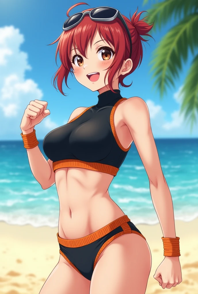 masterpiece, high quality, 1girl, bllalisa, big breasts, upper body, orange eyes, orange hair, twintails, swimsuit, yellow hairpin, posing , flexing muscles, smile, outdoors, beach, muscular body