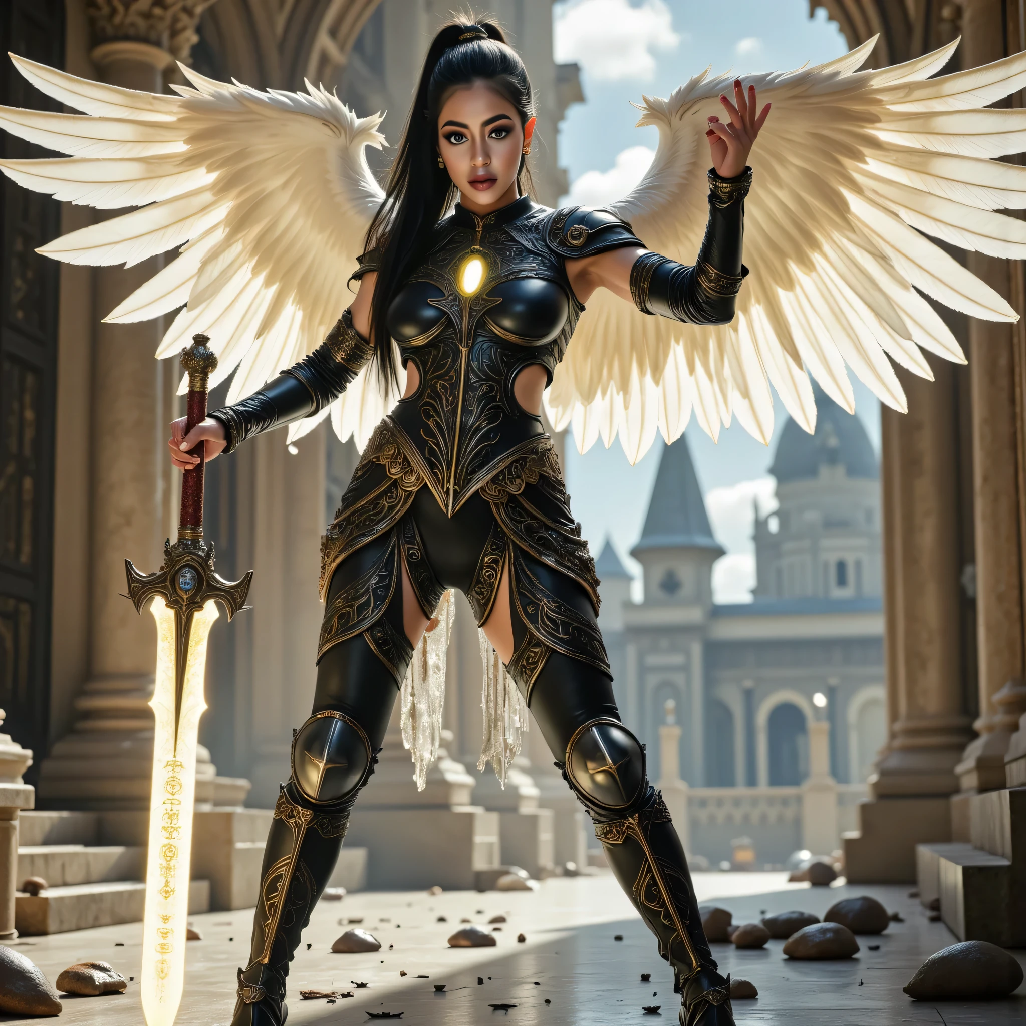((best quality, masterpiece, realistic photograph, life-like realism)), (((((white angel wings with feathers replaced by burned and torn quills, missing feathers, torn bloody wings))))), (((photo of an ancient powerful sword with a blue chrome blade, the sword has magical white runes pulse with a powerful glowing white aura))), wielded by 18year fantasy Asian ANGEL female tall thin slim skinny muscular supermodel, glossblack hair, top ponytail, wind, windy, regal elegant reflective chrome steel battle tiara, pale albino skin, Medieval chrome steel heavy plate armor of the guardian, worn battle-stained armor, black rivets, gold etching, heavy makeup, goth, gothic, blackout eyeshadow, vivid bright red lips, large wide brown eyes, head tilted upward, her armor has keyhole cutouts underboob, dynamic warrior combat pose, lunging, serious, background bokeh white marble mystical heavenly castle courtyard, faraway castle tower spires, faraway black shadow knights lie dead and defeated, wisps of black smoke rising from their armored shadow forms