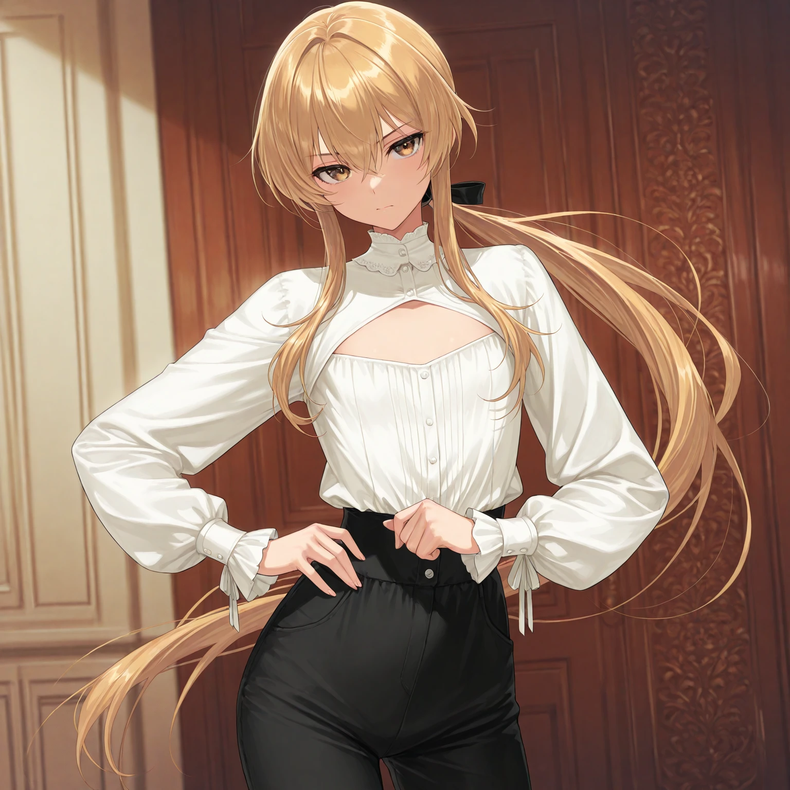 man, masculine, masculine face, attractive, muscular, ((1man)), masterpiece, absurdres, best quality ,intricate details , (shiny skin, shiny body, shiny oily luster skin, shiny hair, pale skintone), old castle, Sundown, attractive, ((muscular)), adult, one, tattoo ,white blouse, earrings, brown pants, Don't look at the view , Not looking at the view, blonde very long hair, perfect detailed face, perfect detailed hands