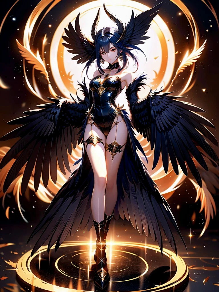 1girl, Fallen angel, Vermilion hair, Yellow eyes, big hips, big breasts, Transparent clothes, ((Black Dress)), ((Fire Wings)), Halo, Background to the night, Cheerful smile, skies, Starlight, Masterpiece