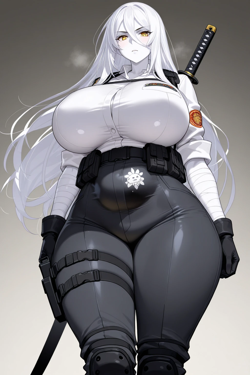 (((Epic, Masterwork, High Detail, Anime Illustratoion))), Black and white Line drawing (in an Anime Style),Epic sexy Detail, Variable Line art, Clean line art, HD 4k, No color,(sexy female combat Medic) Working in a High tech room, ((Full body)), ((standing))