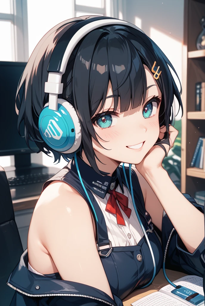 Girl with peace sense headset, beautiful face, crystal colors, black short hair, yellow eyes, anime, laptop, happy girl, bright crystal colors,crystal blue moon in the window, night,
