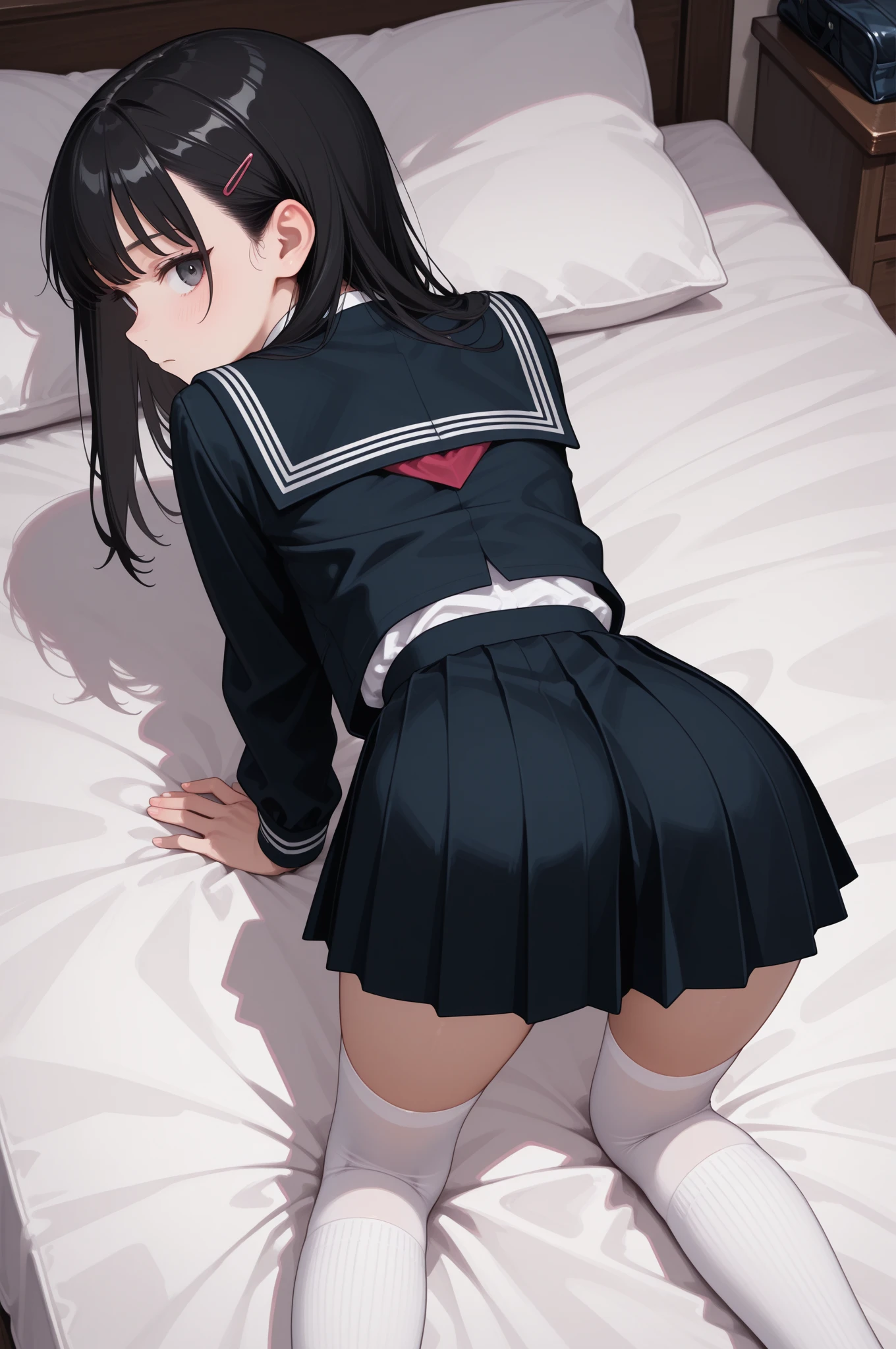 (Ideal:1.2), (perfect:1.2), (flawless:1.2), (highest quality:1.2), (best quality:1.2), on bed, 1girl, (evil smirk:1.2), (loli:1.2), young, (school uniform:1.1), detailed body, sexy thighs, small breasts, short hair, high quality eyes, 4K, highest quality resolution, best quality resolution, best quality upscale, no panties,