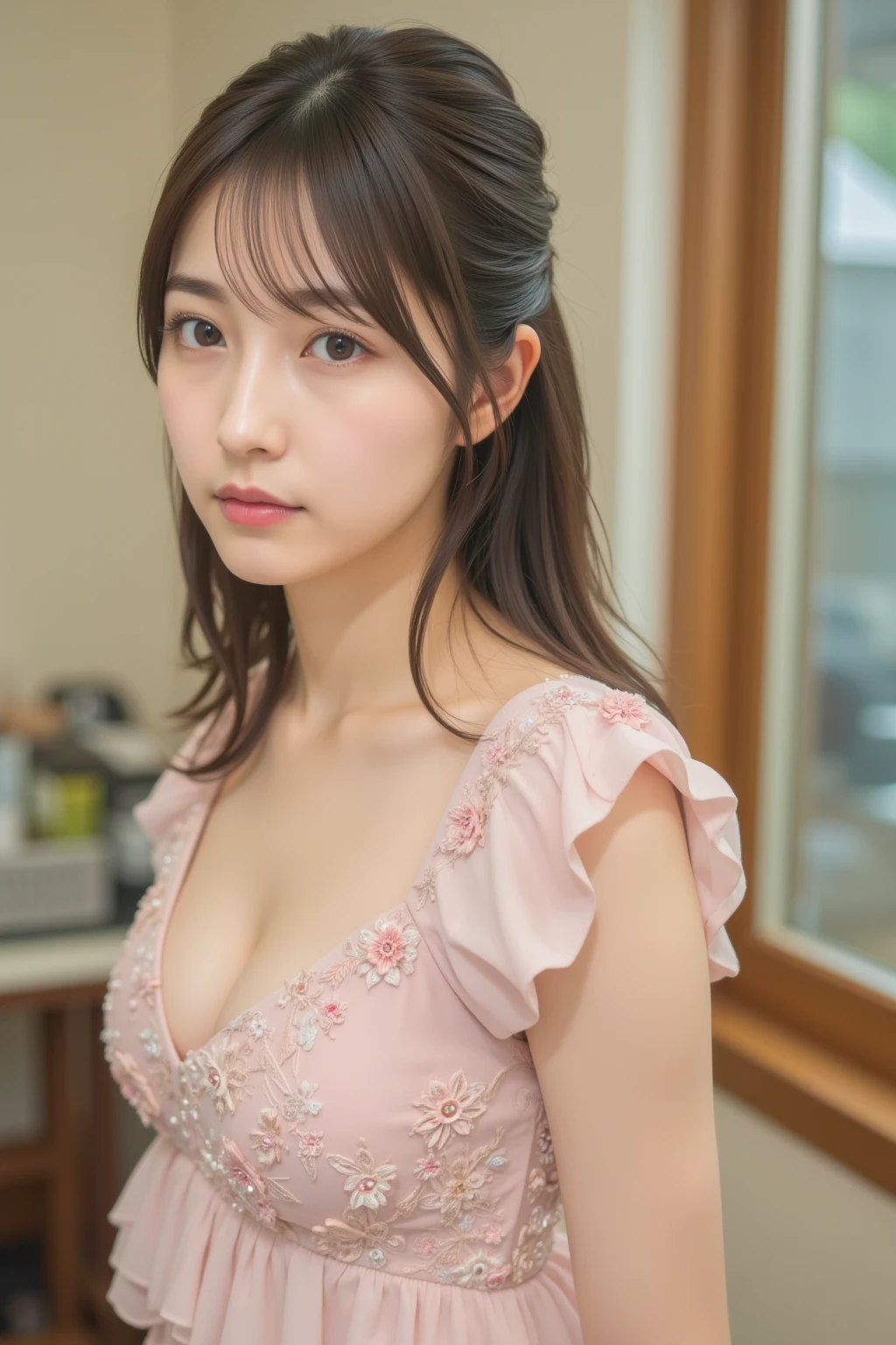 masterpiece、highest quality、16k、High resolution、超High resolution，Very detailed、Soft Light、Professional Lighting、Pale shading、Low contrast、Japanese、beautiful girl、Slender women、daytime office、Window seat、sitting in front of a computer、(Knitwear that fits snugly around the breasts(Grayish pink))、Shoulder drops、Navy Pleated Skirt、Small Mouth、(Beautiful thighs:1.6）、(Large Breasts:1.4)、Underwear is visible、Breasts protruding、Fine and beautiful eyes、（Hanging eyes）、（Thin eyebrows）、（Thin lips）、sad、(Long Wavy Hair、High Ponytail),(Asymmetrical bangs)、