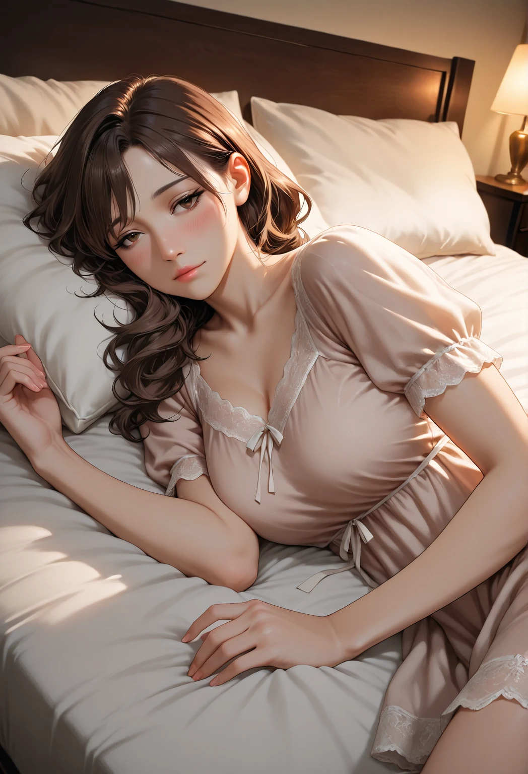 best quality, 32k, masterpiece, beauty, big breasts, toy, short wavy hair, perfect figure, super detailed face, detailed lips, fine eyes, double eyelids, pajamas, in bed, seductive, full body