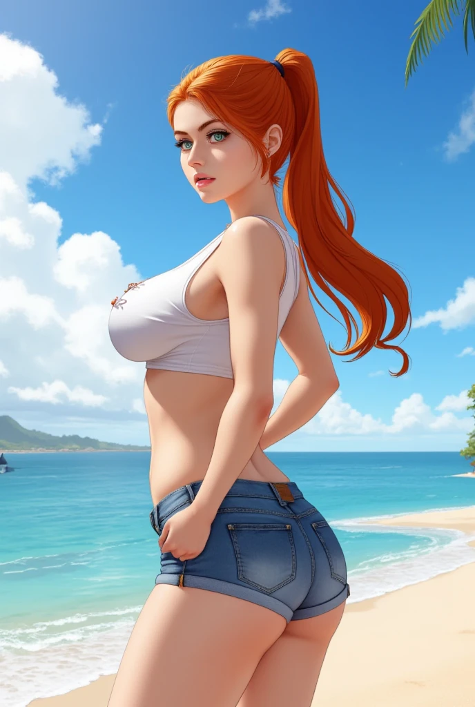 (masterpiece), best quality, expressive eyes, perfect face, detailed hands, detailed anatomy, perfect anatomy, nami, Orange Hair, From Behind, skinny jeans, beach background, big ass, detailed background, one girl, hentay style, sexy pose, 1 girl, solo
