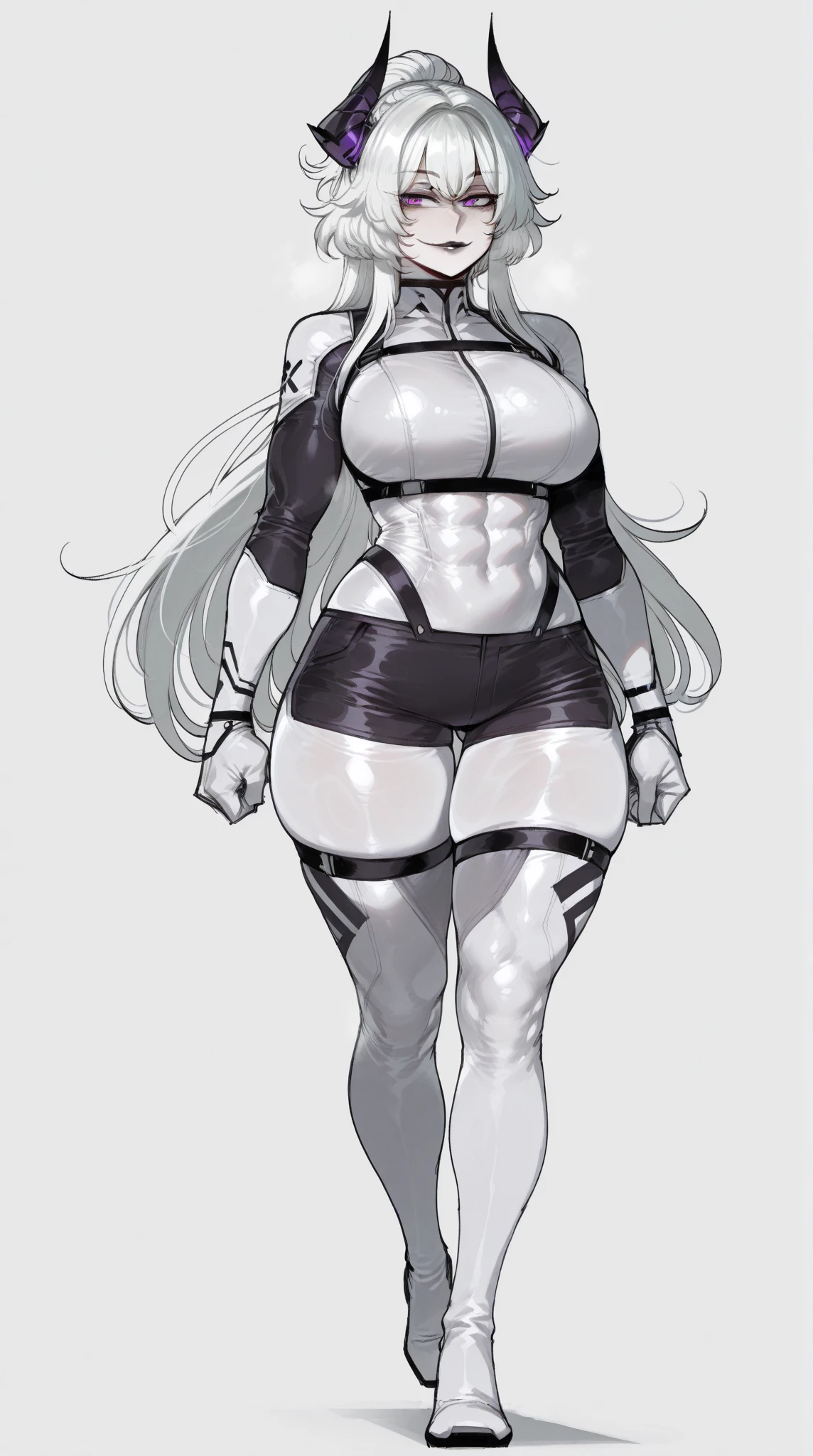 (Selvaria Bles (Valkyria Chronicles) LoRA) ((1girl)) full body standing straight symmetrical looking to the viewer, view from below, grey skin, drow, elf, mature, detailed happy face, purple eyes, white silver hair, black bikini gantz suit, abs, navel, big knockers, golden chain collar, stomach tattoo (red tattoo), hands on  hips, wide hips, thick thighs
