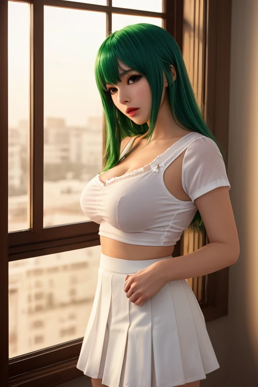 Woman with long hair straight, (pine-green hair color), high detailed, realistic, ultra realistic, ((pine-green shirt)) and black skinny long pant,