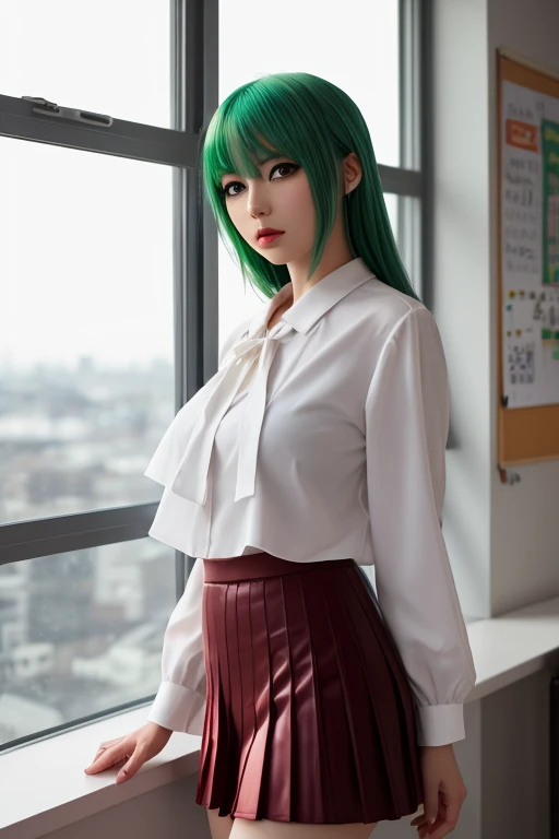 a cat with green hair, Cat's ears, wearing a beige cold-weather blouse and underneath wearing a white polo blouse. Doing some happy and cute pose
