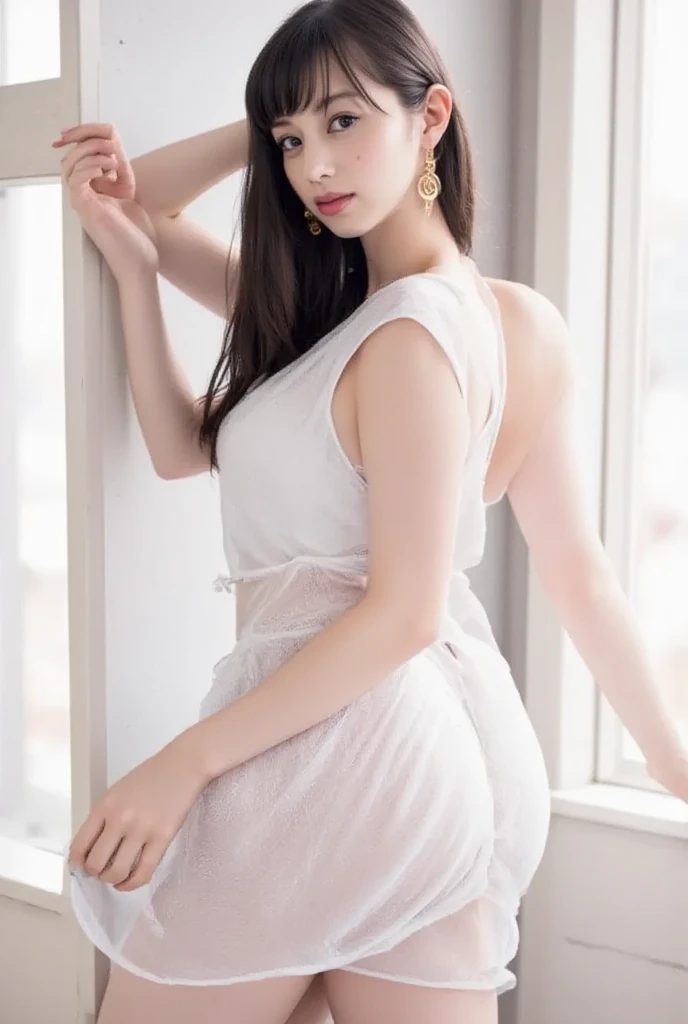 A maxi skirt in white-ish purple with lace 、Sheer blouse、(Highest quality)、((Very detailed))、4K、(8K)、masterpiece、Super detailed、Highest quality、Super Resolution、One person、Kind Face、Soft Light、Raw quality、Soft Skin、Heel、Thighs、163cm