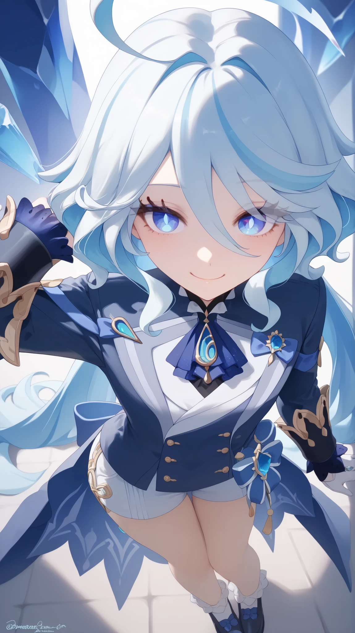 (highest quality:1.2, Very detailed, up to date, Vibrant, Ultra-high resolution, High Contrast, masterpiece:1.2, highest quality, Best aesthetics), bery round face, very cute face, (((1 girl))), furina \(genshin impact \), blue eyes, masterpiece, maximum quality, 4k,  ultra detailed, (((highschool uniform))), standing, leaning slightly forward, bright smile, crystal red eyes, round face, soft light, shiny hair, friendly smile, thighs slightly large, hips slightly wide, 3 quarters of the body, looking at the viewer, front, high angle view, small chest,