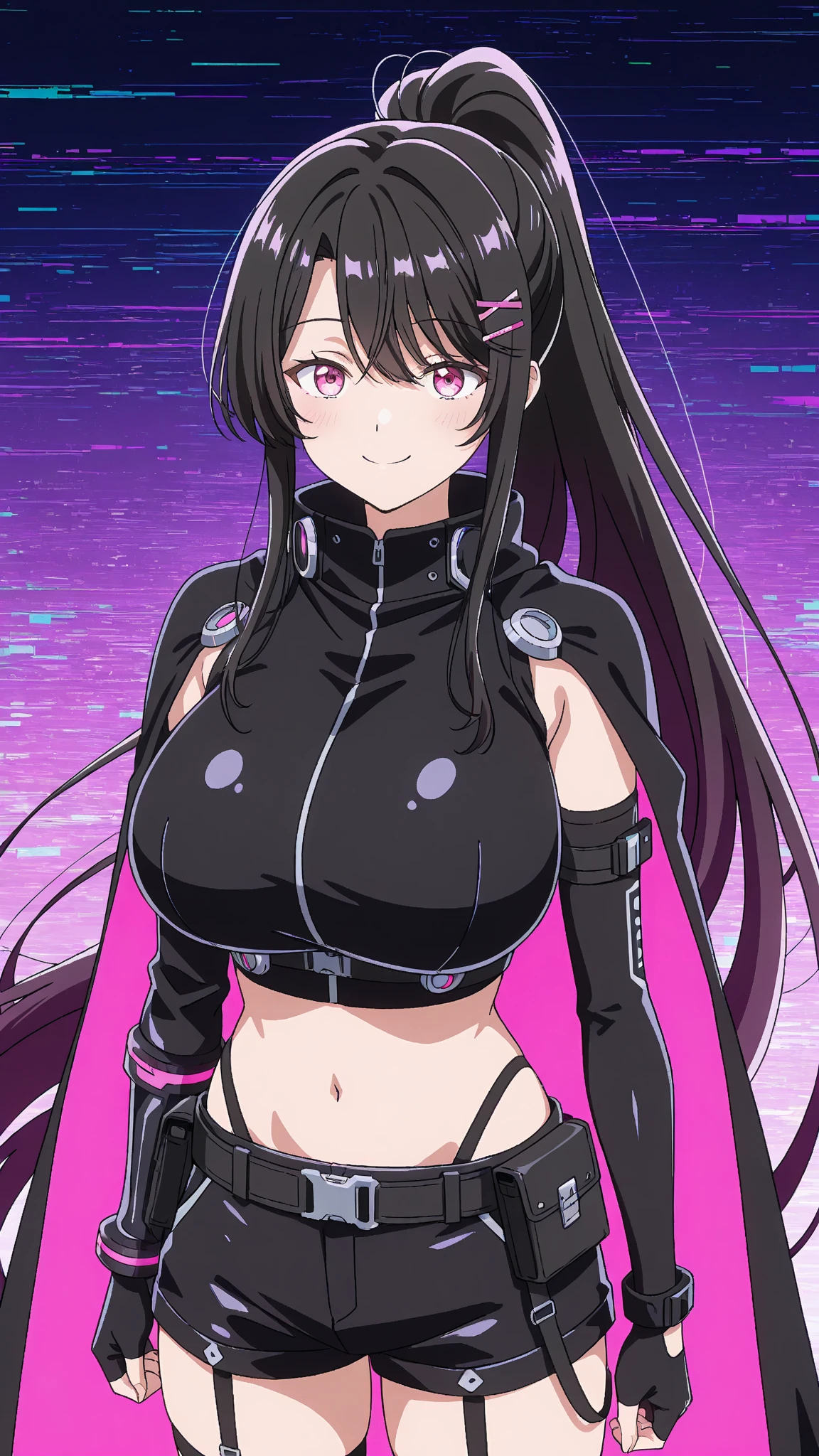 Night, cyberpunk, neon lights, cityscape, city lights,
dynamic pose,standing at attention,on the street,
black choker, jewelry,white shirt ,black suspenders,bare shoulders, collarbone, cleavage,
<lora:Rouge_Redstar_MetallicRouge-KK77-V1:0.7>,gold earphone,
purple eyes, black hair,blunt bangs,Long hair,hair ornaments, multicolored hair,
<lora:Oda_Non_Style-KK77-V2:0.3>,<lora:more_details:0.5>,
1 girl, 20yo,Young female,Beautiful long legs,Beautiful body,
Beautiful Nose,Beautiful character design, perfect eyes, perfect face,expressive eyes,perfect balance,
looking at viewer,(Focus on her face),closed mouth, (innocent_big_eyes:1.0),(Light_Smile:0.3),
official art,extremely detailed CG unity 8k wallpaper, perfect lighting,Colorful, Bright_Front_face_Lighting,White skin,
(masterpiece:1.0),(best_quality:1.0), ultra high res,4K,ultra-detailed,
photography, 8K, HDR, highres, absurdres:1.2, Kodak portra 400, film grain, blurry background, bokeh:1.2, lens flare, (vibrant_color:1.2),professional photograph,
(Beautiful,large_Breasts:1.4), (beautiful_face:1.5),(narrow_waist),