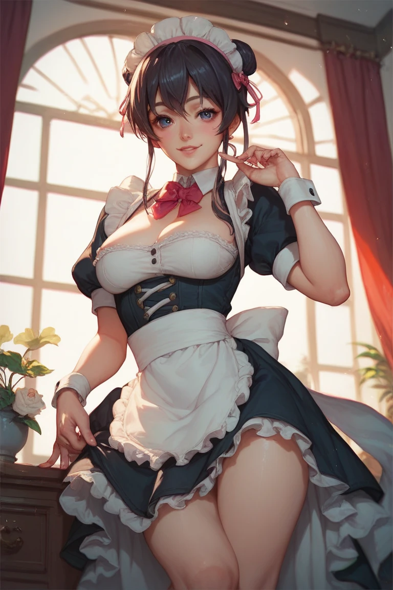 (((beautiful gothic maid woman:1.3)),(((Accentuate your breasts:1.3))),(Dynamic Angle),(Dynamic and sexy bending pose:1.3),(sit on the bed and look up at the camera:1.3),(Shiny silver and orange inner color short hair,Big ample breasts,Movement stains clothes,Chest Slip,(Intricately woven、Twisted ponytail bun with beads,Braided Setup Fishbone Hair),(See-through bangs),Huge breasts、(((A lace apron that shows your bare skin from under your big breasts...)))、blush with embarrassment、Dreaming eyes、A smile that captivates the viewer、(look back:1.7)、Look at the photographer,Sweaty skin,Gazing at the audience,(Professional Lighting),(8k,3D Images,Tabletop,Highest quality,Ultra-high resolution output images,),(Ultra HD mode for fine detail),Written boundary depth,Beautiful Hands,Beautiful fingers,Detailed characteristics of the fingers,(Detailed hair features:1.7),Detailed facial features,Detailed clothing features,