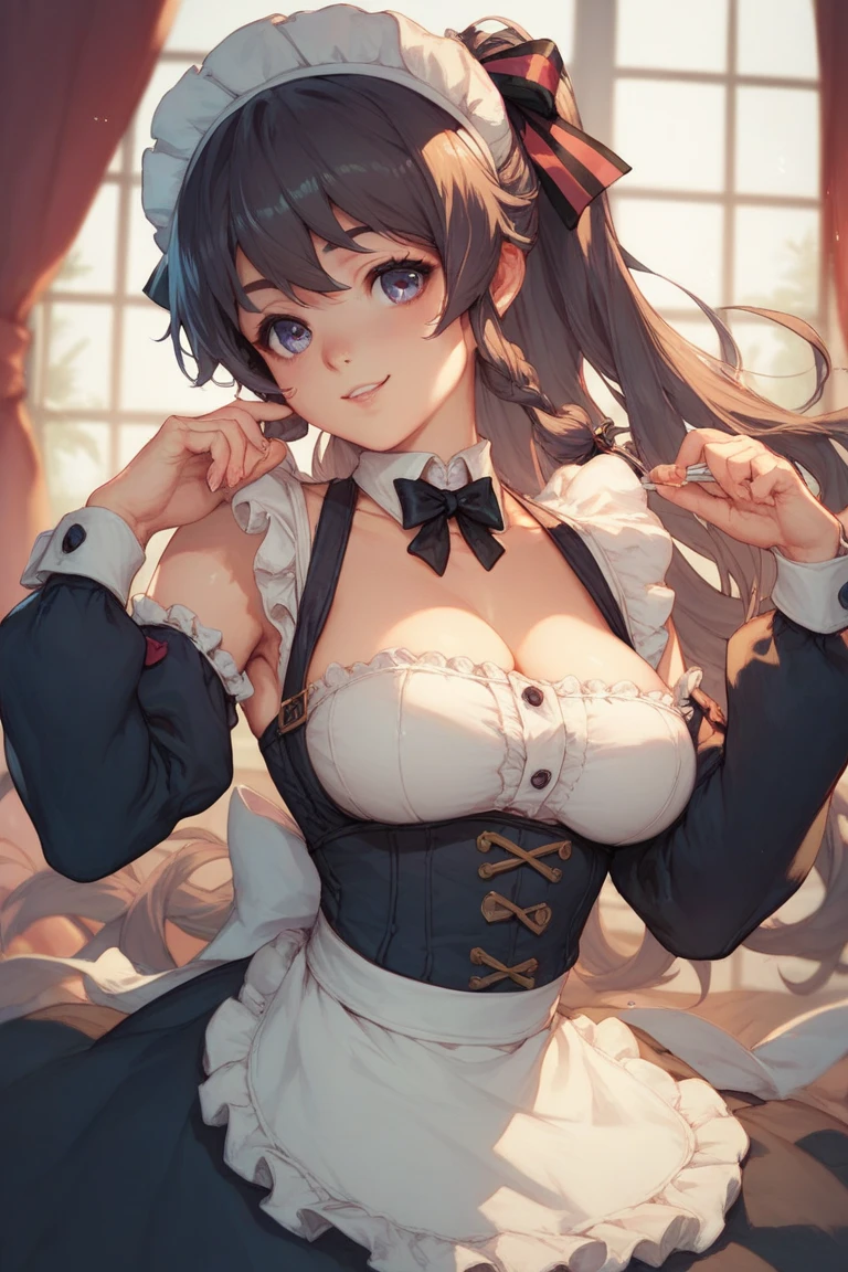 ((highest quality, High resolution, Perfect Pixel, 4K))), 1 female, Beautiful woman、I could see the whole body、apartment、 ((Twin tails, bangs, Brown Hair)), ((Brown eyes, Beautiful eyelashes, Realistic eyes)), ((Detailed face, blush:1.2))、((Smooth texture:0.75, Realistic texture:0.65, Realistic:1.1, Anime CG Style)), Large Breasts, Perfect body, (Erect nipples:0.95), )((black and white maid outfit、corset、Ribbon at collar.、Long skirt、garter belt、Knee socks)), Embarrassed smile、Kneel with your knees closed、(Skirt flip:1.2), (Shorts made with intricate and luxurious decorative lace、white lace satin panties:1.3), diagonal side angle, Dynamic Angle