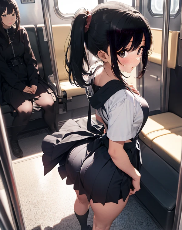 8k, High resolution, Highly detailed face, Ultra-detailed eye masterpiece, highest quality,Large Breasts、Heavy breathing:1.5、Thighs、A short girl with a beautiful face、Thighs、(pumps)、(12 year old girl), Browsing Caution、Lightweight shirt,nsfw,(デニムEjaculation in a miniskirt:1.5, in a miniskirt:1.5,Cumshot on top of denim mini skirt:1.5, Thighsに射精:1.6,Cum on ass:1.2,Thighsから脚に滴り落ちる:1.2)、Sticking her butt out to the viewer on a crowded train、From the back、Angry expression、Crying face:1.5、black tights、Displeased face:1.4、round face