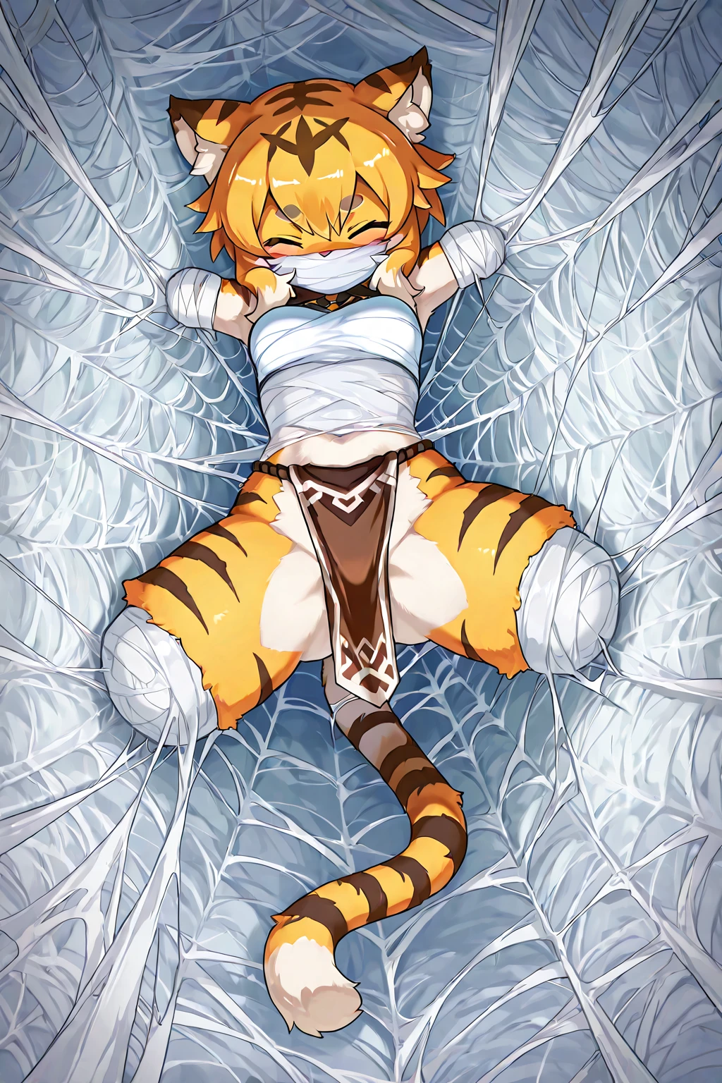 catgirl suspended over a forest, restrained in a sticky and slimy cocoon made of silk, surrounded by plant life
