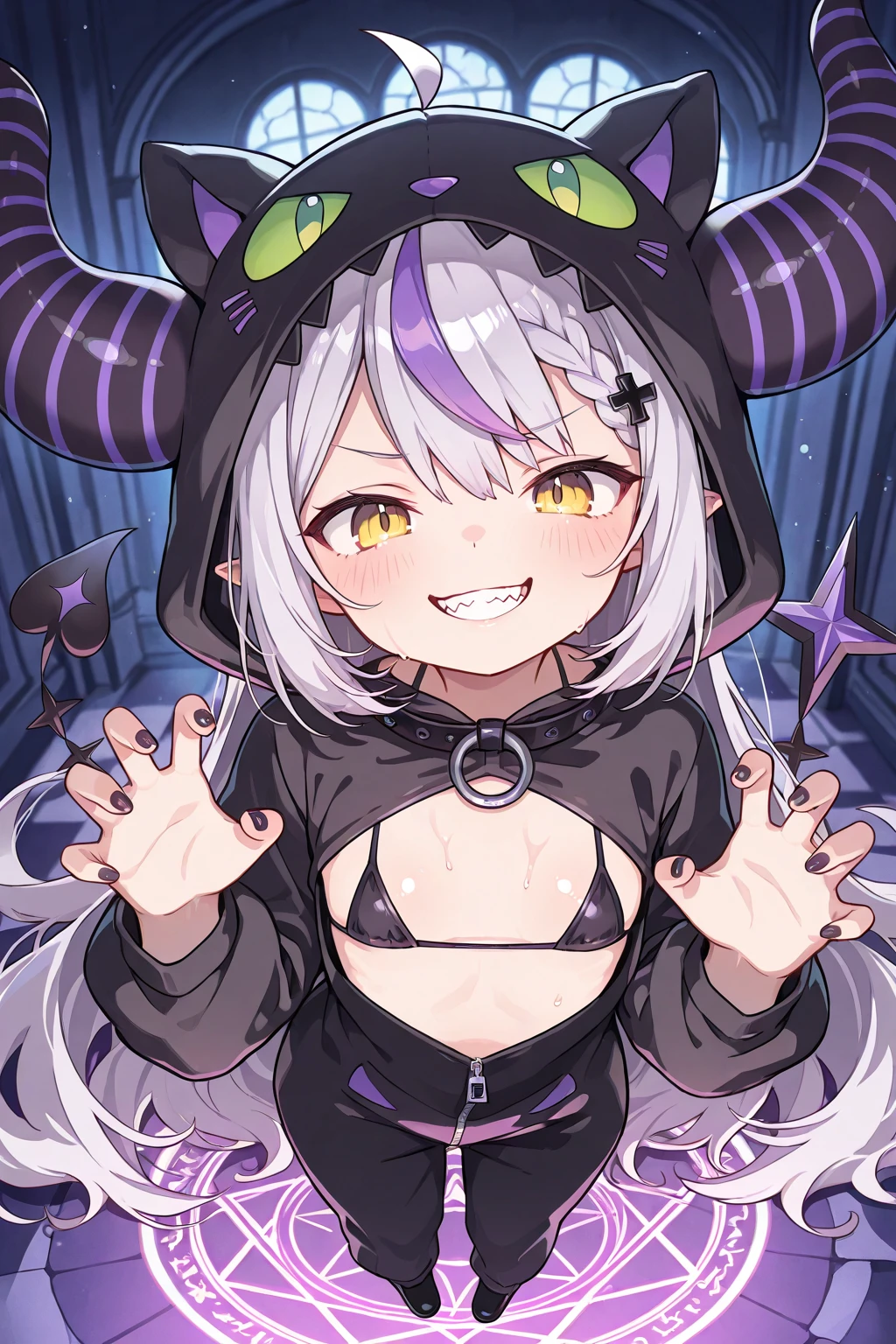 Halloween, Halloween theme, night, disheveled hair, short hair, purple hair, yellow eyes, flat cheast, flat tits, wolf hand, werewolf girl, wolf ears, wolf tail, pointy teeth, no clothes, dog leaves, arms with hair, hair body, naked, show pussy, hair paws, wolf paws, wolf feet, fangs, hairy body, hair legs, wolf legs, moon, werewolf costume, wolf girl, tongue out, split, trick or treating, small stature, pubic hair, a lot pubic hair, Wolf Anatomy werewolf girl, fur hoddie, 1 girl, one girl