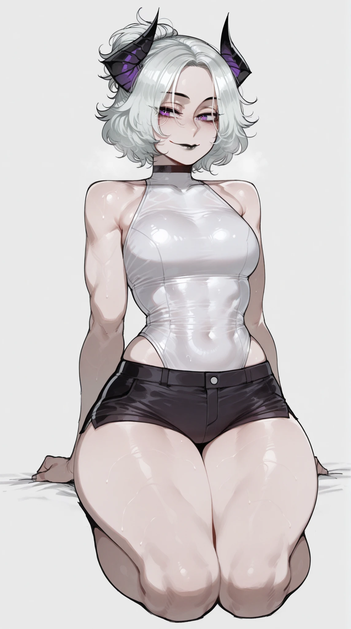 1 Girl, black and white, in underwear, muscular, crossed eyes, sweating