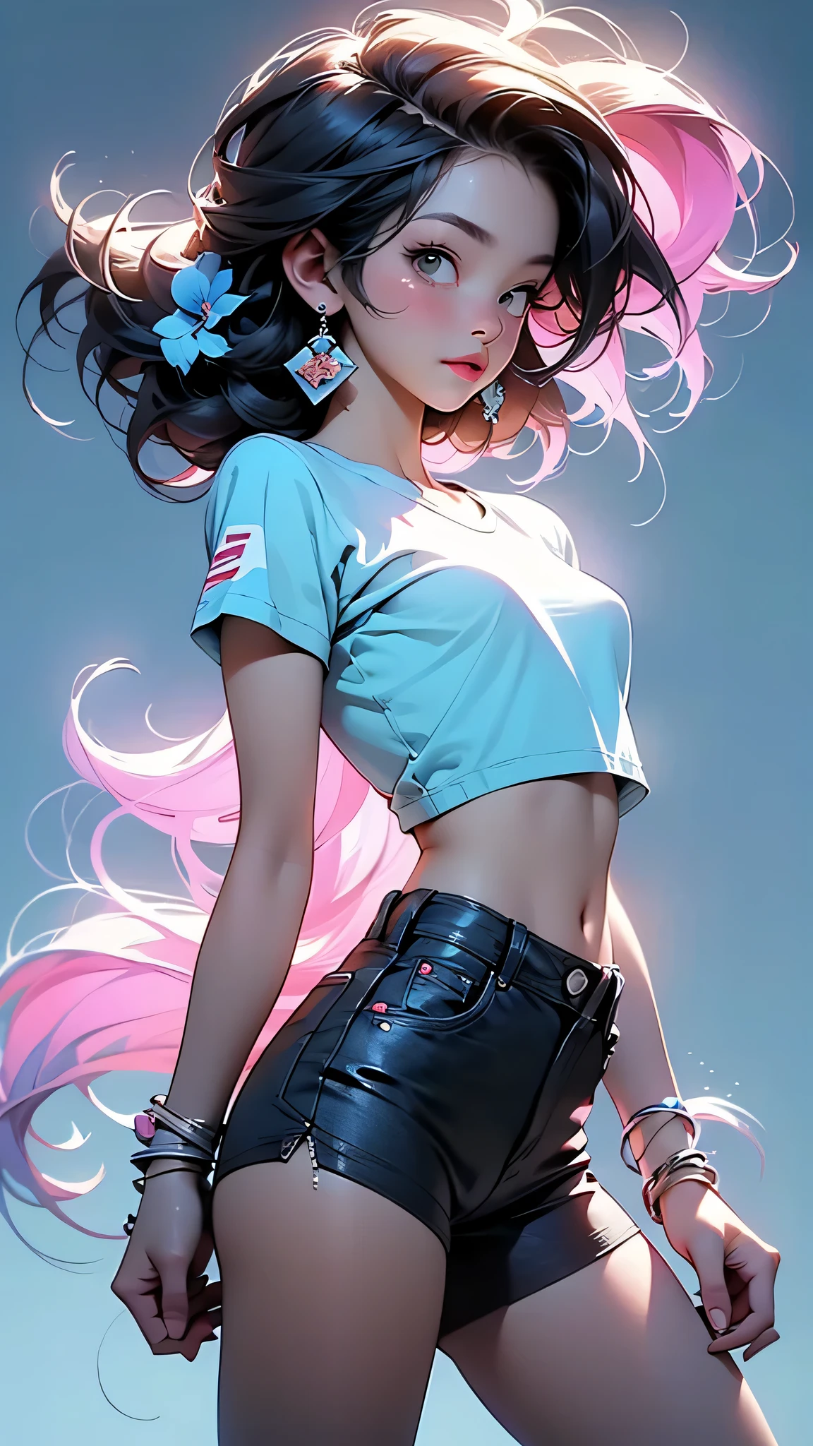 Rainbow Dash, Rainbow Dash from the cartoon May Little Pony, Rainbow Dash in the form of a girl, long hair, voluminous breasts. White T-shirt, muscles, abs, black skirt, angry --auto --s2