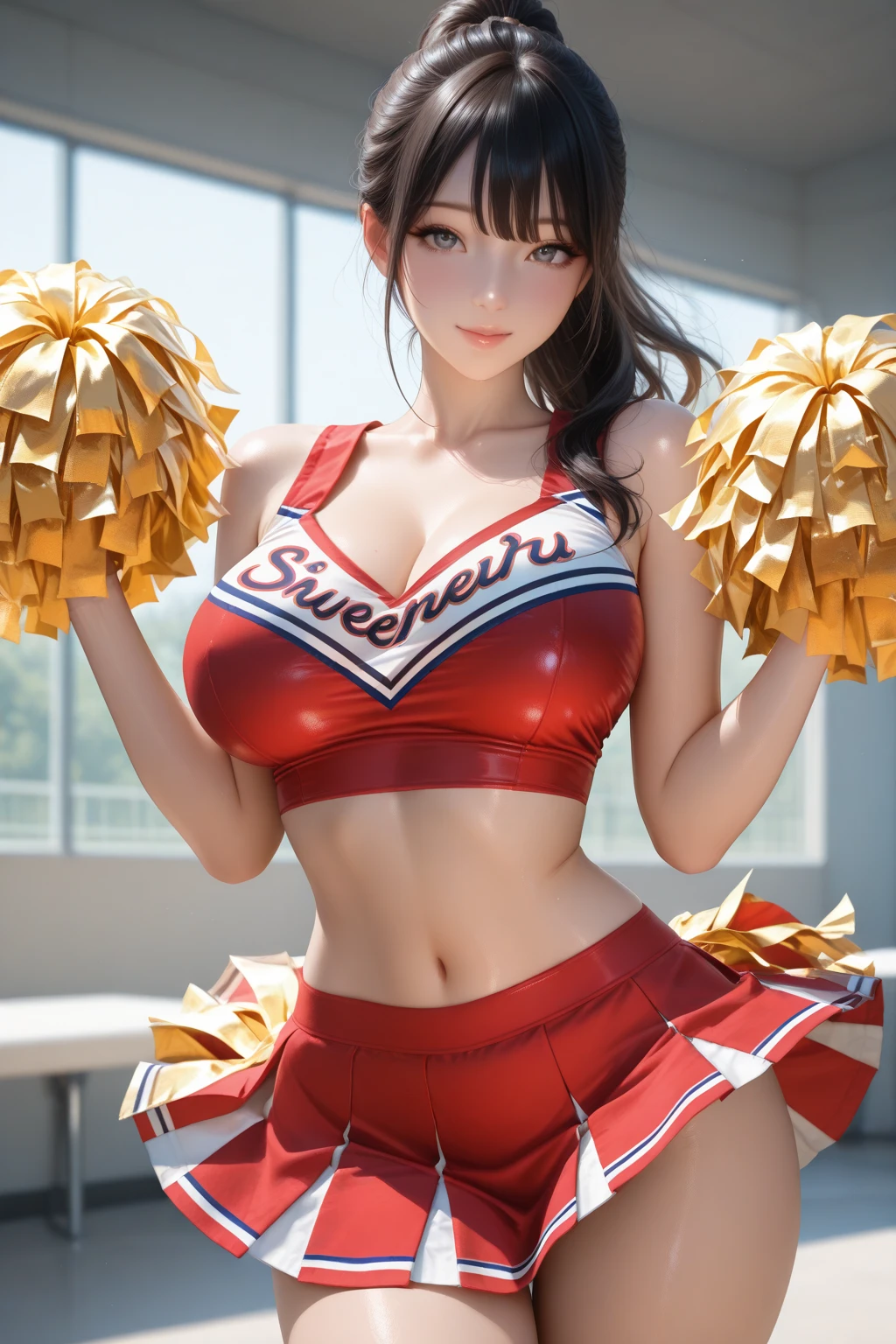 1girl,((35 year old mature woman)),(((cheerleader outfit))),((((1 girl))),(blue eyes)),(Very Intense Makeup)), smiling, ((red lipstick)),((woman in makeup)), short hair, black hair,((huge breasts,)),((cleavage,))),extremely realistic female eye,(((solamente))),cuerpo perfecto,manos perfectas,cara perfecta,
