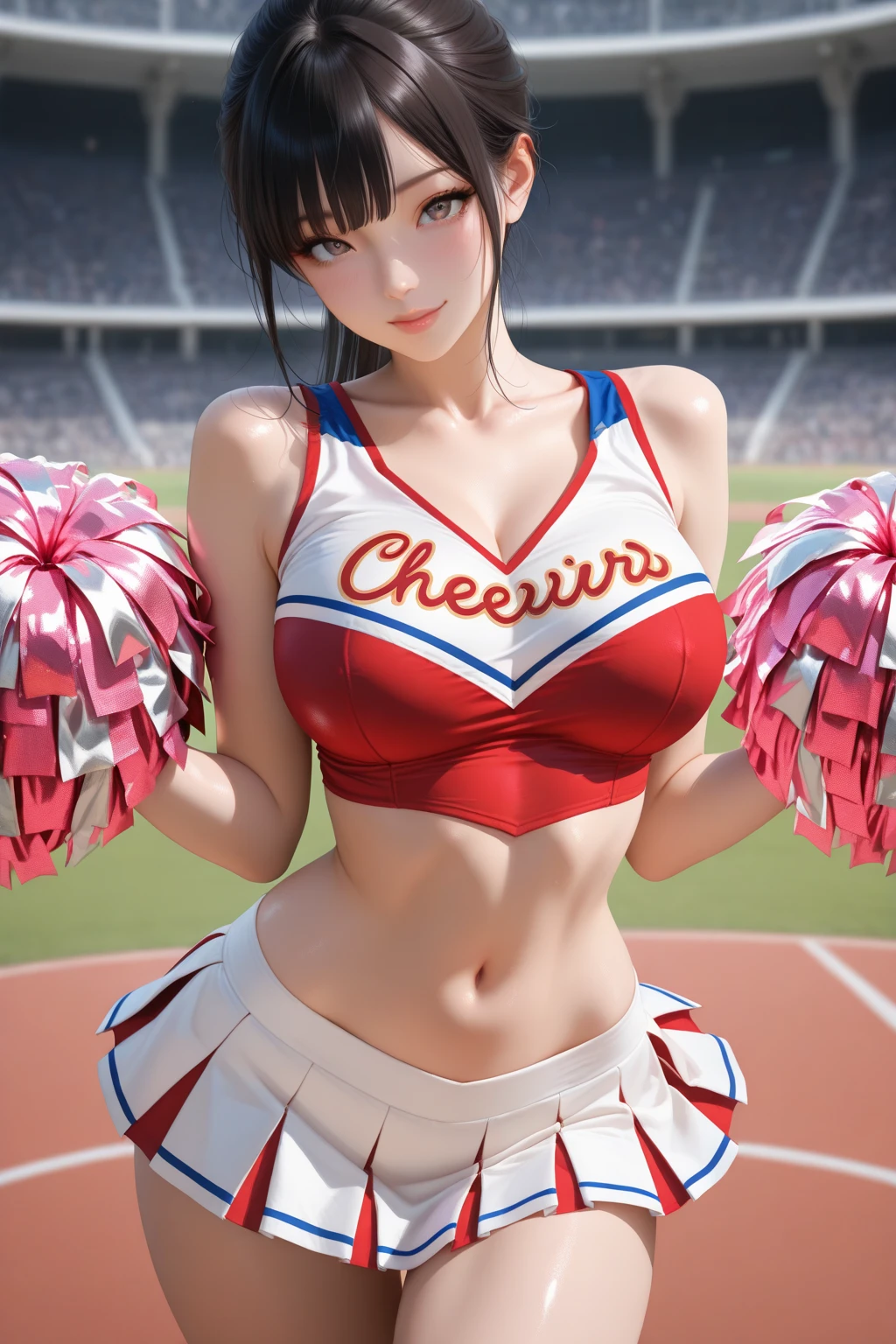 <lora:realisticCheerleader_v10:0.75>, (((wearing cheerleader outfit))), (holding pom poms), <lora:cuteKoreanGirlLora_cuteKoreanGirlLora:0.25>, ulzzang-6500-v1.1, pureerosface_v1, best quality, masterpiece, illustration, (realistic, photo-realistic:1.37), amazing, finely detail, incredibly absurdres, huge filesize, ultra-detailed, highres, extremely detailed CG unity 8k wallpaper, beautiful detailed girl, extremely detailed eyes and face, beautiful detailed eyes, ray tracing, 1girl, long hair, bangs, ponytail, medium breasts, heavy breathing, blush, torogao, orgasm, embarrassed, drunk, fucked silly, naughty face, detailed fingers, stadium, dancing, posing for a photo, cheering up the crowd,