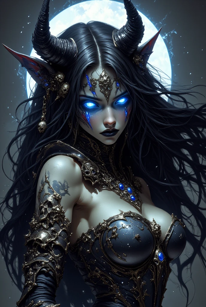 Masterpiece, Sarah Shahi, portrait shot, standing in dark cave, wearing black sexy silk dress, horns on head, perfect detailed eyes, red lips, particles, mist, evil face, 