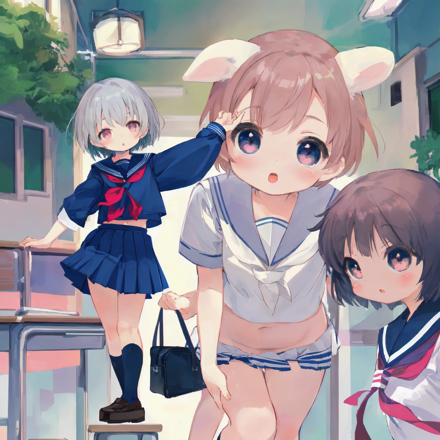 Two little girls,Baby Face, road,((Anime Girls)),Flat Chest, Very detailed, Completely naked, Nipples, Pussy, school bag, ((masterpiece, Highest quality;1.3)) , An innocent smile, Are standing, Enjoying conversation, Outdoor,