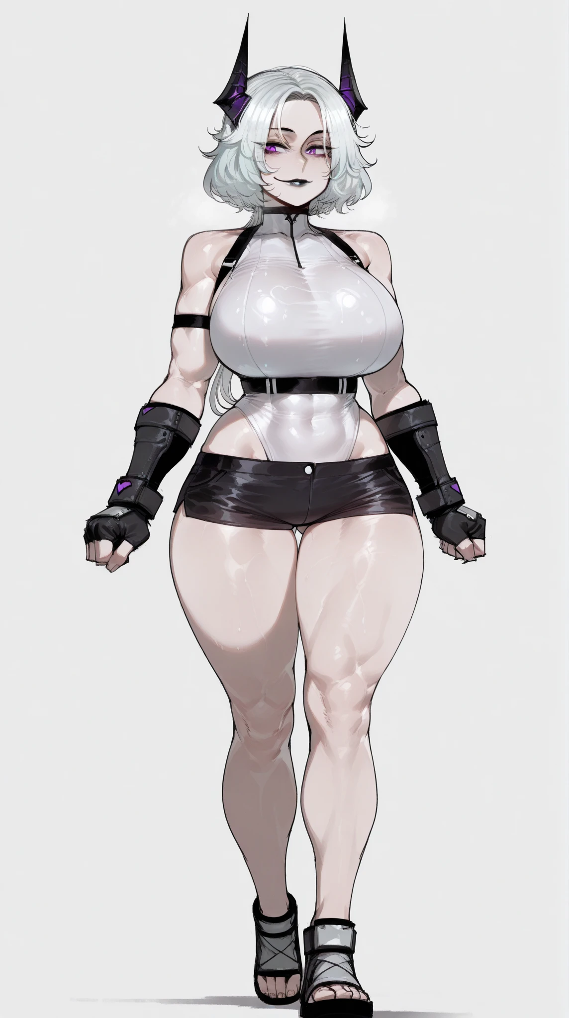 thick hips, thick thighs, platform heels, bandeau dress, huge breast, thin waist, bob cut hair, pale skin, thick body, glasses,