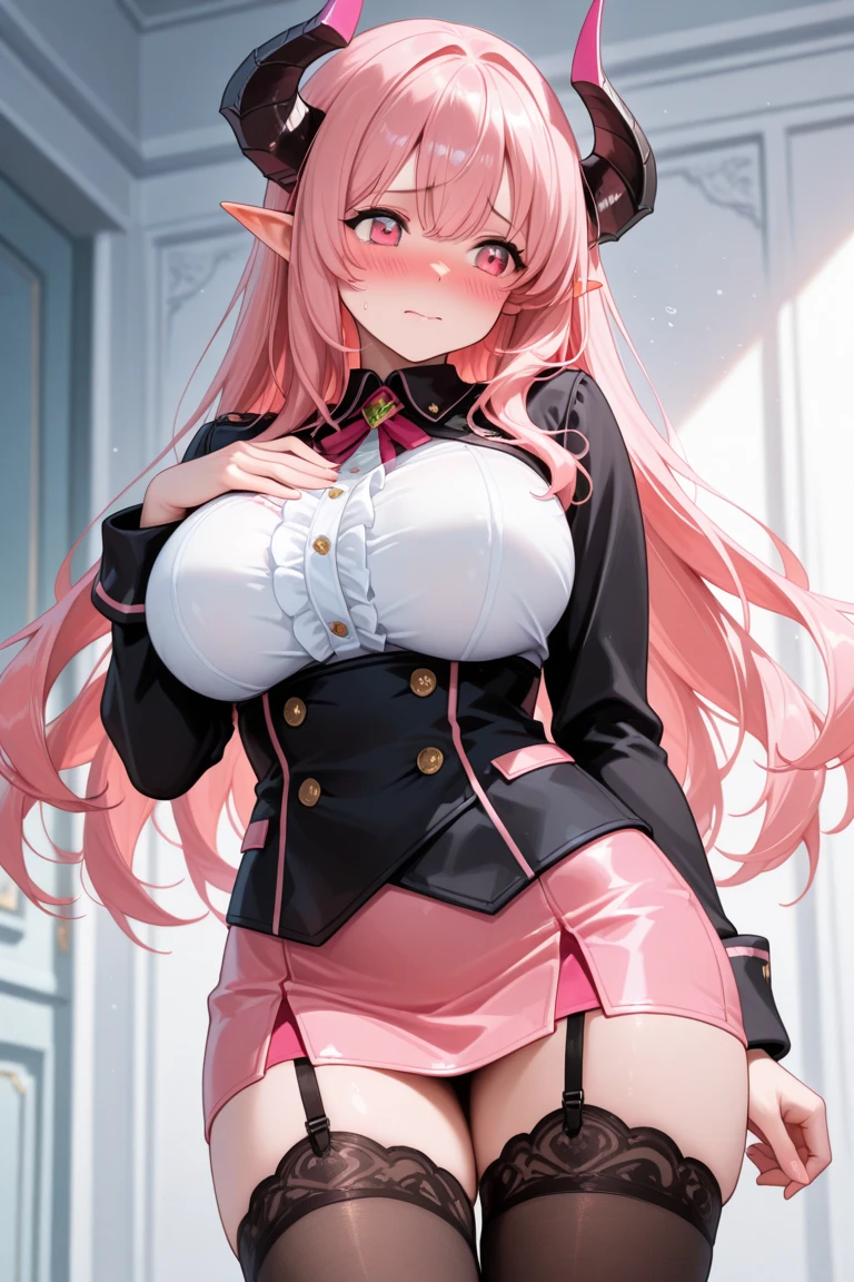 Need,tmasterpiece,long whitr hair, 1girll, hair adornments, double tails, 独奏, nedium breasts, eBlue eyes,, Bow knot, bear hair ornament, tiese, blond hairbl, ssmile, By bangs,big cleavage breasts, looking at viewert, 鎖骨, The shirt, nail polish, red bow, black shirt, underdressing, brassier, a skirt, choker necklace, Black bra, Sleeves rolled up, white necktie, Red nails, with her mouth open, pleatedskirt, Red skirt, shiny, teeth, Higher breasts, Superskirt, shinny hair, The upper part of the body, 校服, Pink hair, boots, Only the upper mask