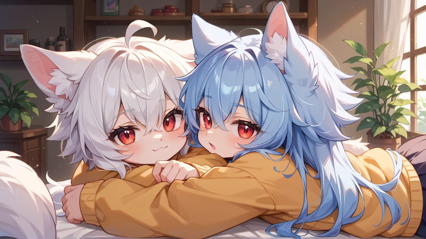 Cat and boy,White Hair、Light blue hair(Colorful and pop cute illustrations:1.3), SD