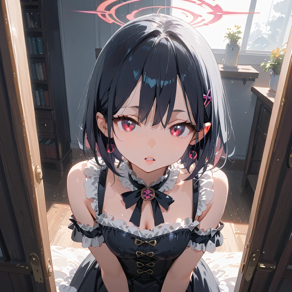 Hands behind back,stand,Straight Stand,open mouth,tongue out,cum on tongue,1girl,((((15-year-old girl)))),Short,slender,small breasts,front face,(from front),(looking down:1.5),(from above),front view,cowboy shot,Black Hair,Short Hair,one side up,Gray Eyes,Drooping eyes,slit pupils,narrow eyes.Mischievous smile,Sheer black and light blue negligee,Sexy Lingerie,Collar with leash,Dimly lit room,Gray wall,Dim lighting,Beautiful and detailed anime art,