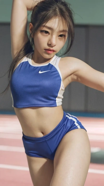 (solo), (a detailed full body RAW photo of a girl), (masterpiece:1.0), (best quality:1.4), (ultra highres:1.2), (photorealistic:1.4), 8k resolution, Canon EOS R5, 50mm, absurdres, ultra detailed, (22yo), sharp focus, cinematic lighting, detailed beautiful face, (no make up:1.2), (ulzzang-6500-v1.1), (satomi ishihara:1.2), petite figure, detailed skin texture, suntan skin, flat chest, (skinny and fit body:1.6), thigh gap, detailed brown hair,  sweltering,(very short hair:1.5), smiling, very thin see-through wear, (very small and simple and red and blue nike athletic wear for competition:1.5), realistic glistening skin, (sweating:1.45), sitting and wide open legs, cameltoe, crotch open, smile, visible hard nipples see-through fabric, transparent female genital lines from crotchi,