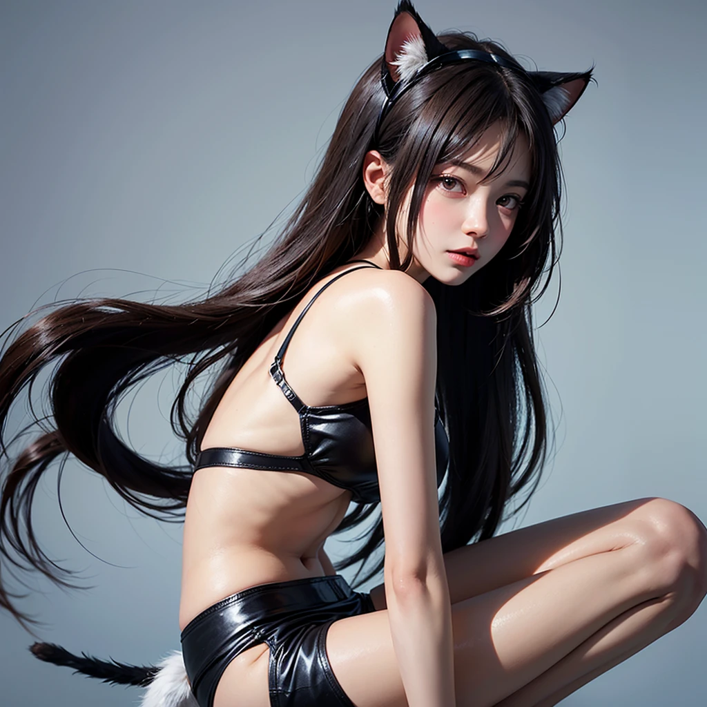 (((masterpiece))),((highest quality)),one beautiful japanese girl,pale,  (A character that combines humans and cats: 1.5), ((Cat ear)), (cat&#39;s eyes: 1.5), (furry clothes), and expose the skin,(tail:1.5)、grassland、(((charcoal)))、(((odd eye)))